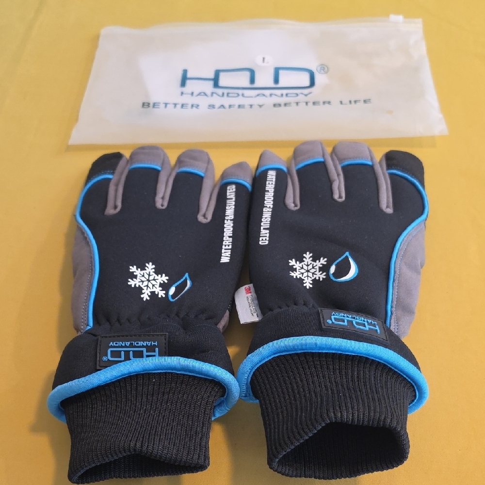 New Handlandy Brand Waterproof Insulated Winter Gloves-Black & Gray w/ Blue Trim